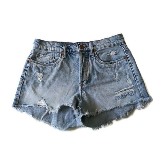 Blank NYC Raw Hem Distressed Jean Shorts Medium Wash Button Fly Sz 2 - Picture 2 of 6